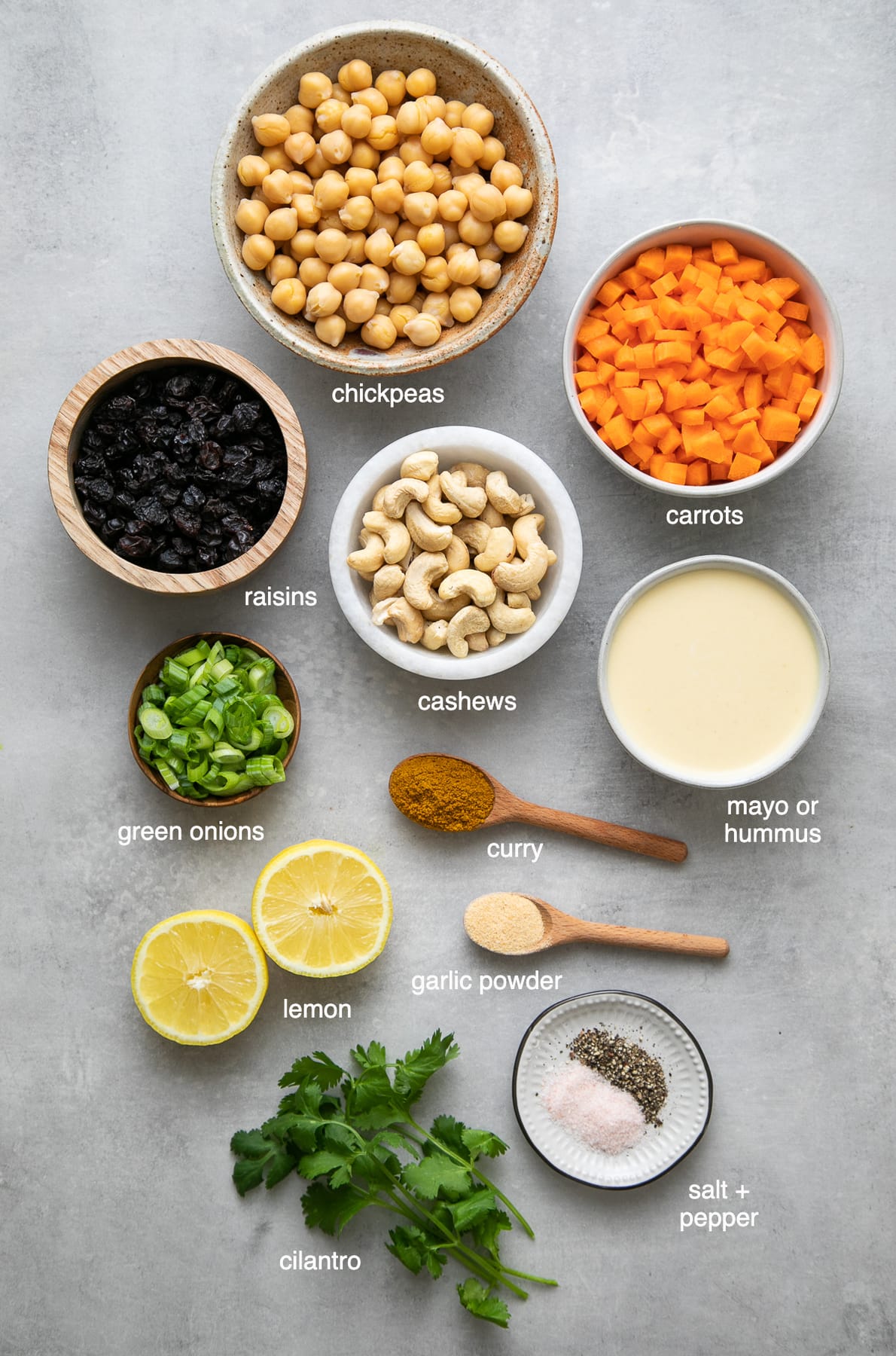 top down view of ingredients used to make healthy curried chickpea salad.