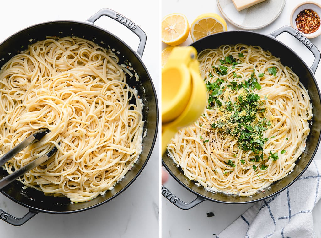 side by side photos showing the process of making garlic lemon pasta.