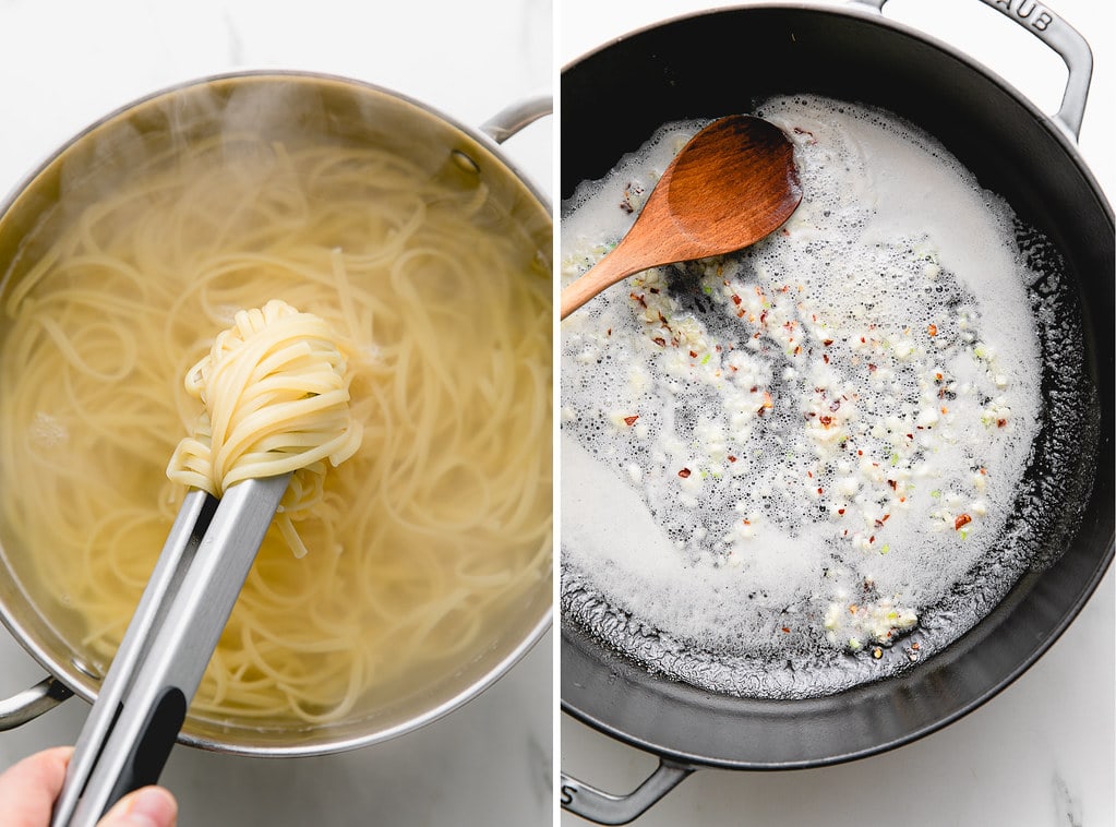 side by side photos showing the process of boiling pasta and sauteing garlic in butter.