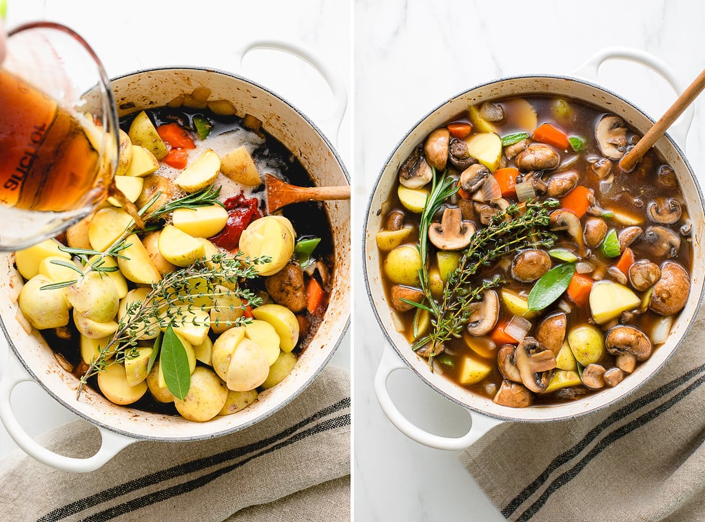 side by side photos showing the process of making vegan Irish stew.