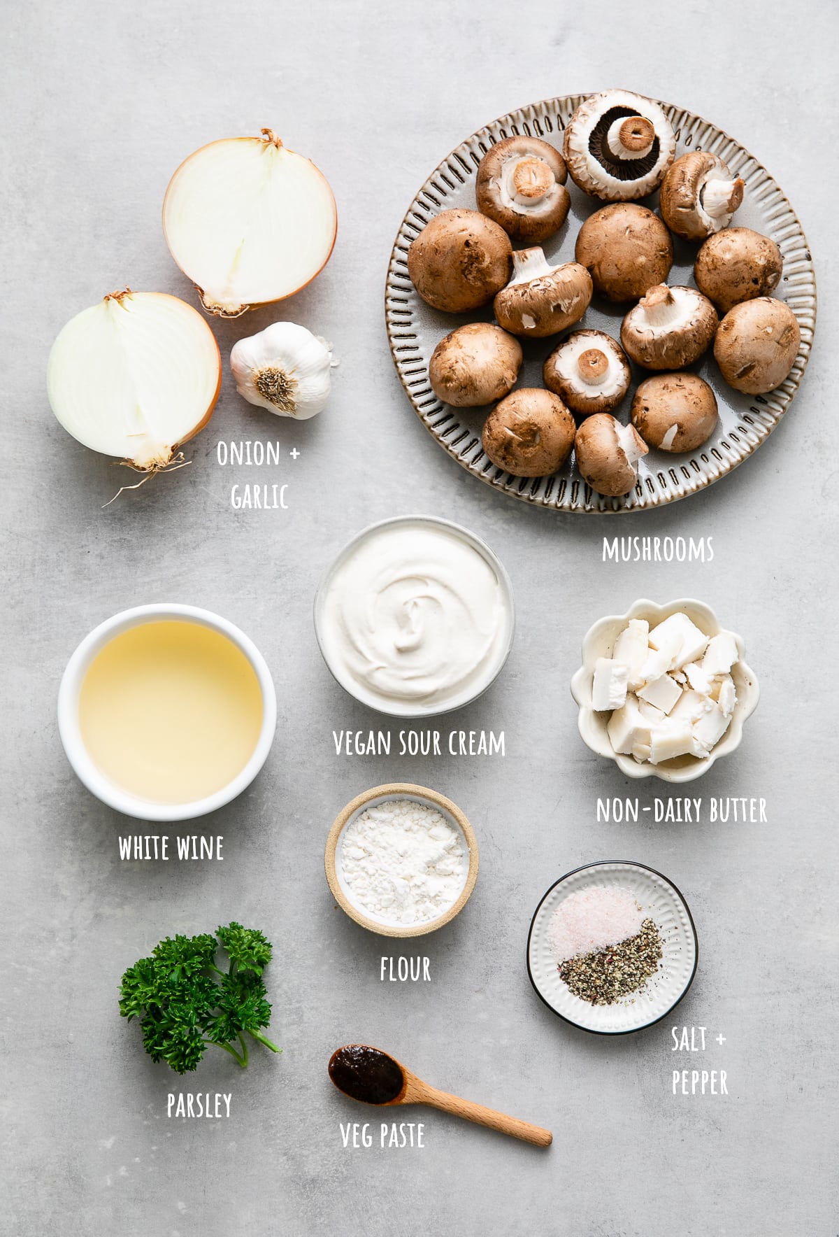 top down view of ingredients used to make the best vegan mushroom stroganoff recipe.