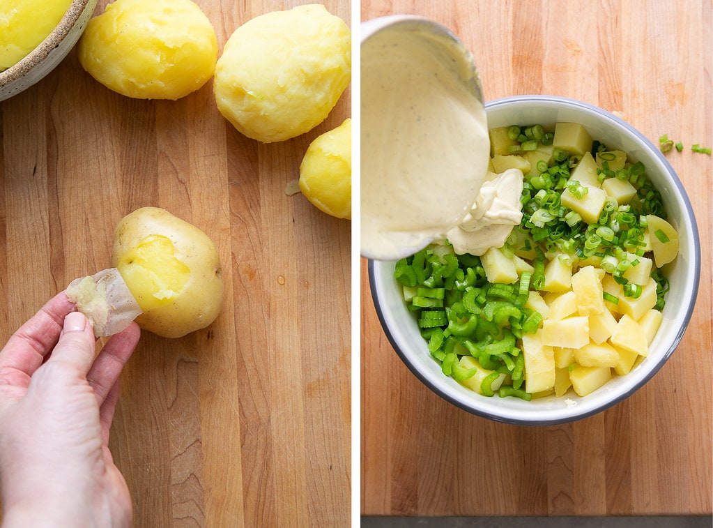 side by side photos of peeling potatoes and pouring dressing over potato salad before mixing.