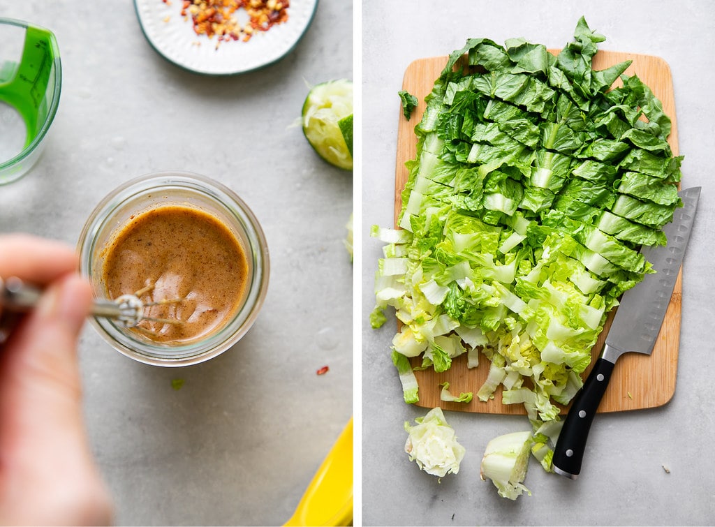 side by side photos of chopped romaine and making almond butter dressing.
