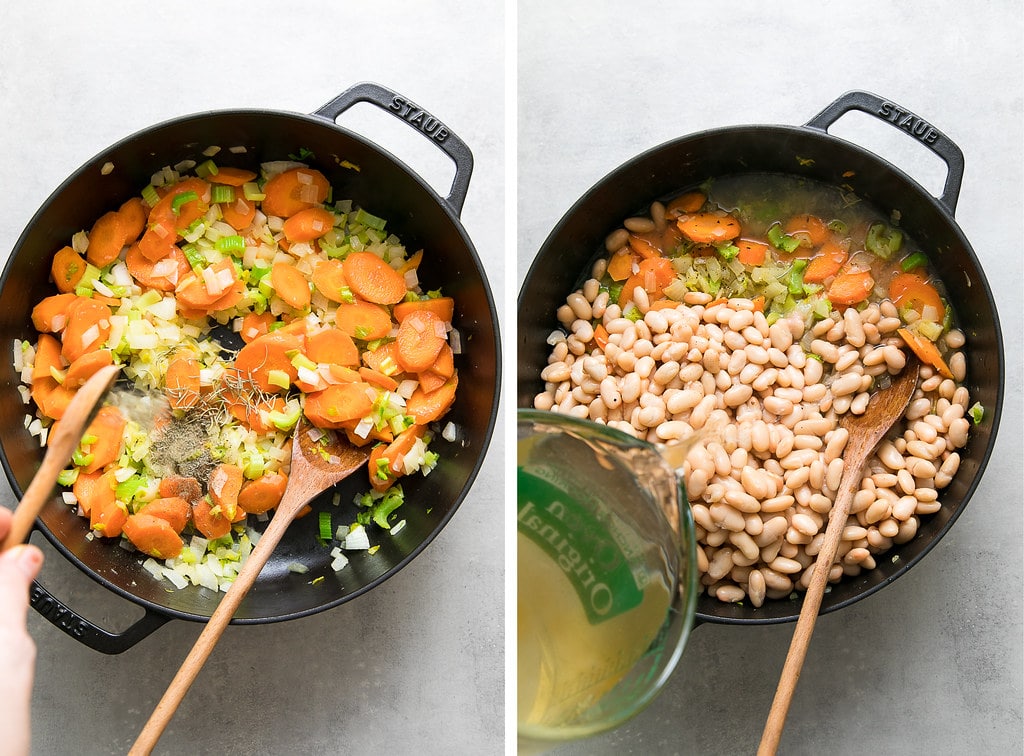 side by side photos showing the process of making easy white bean soup.