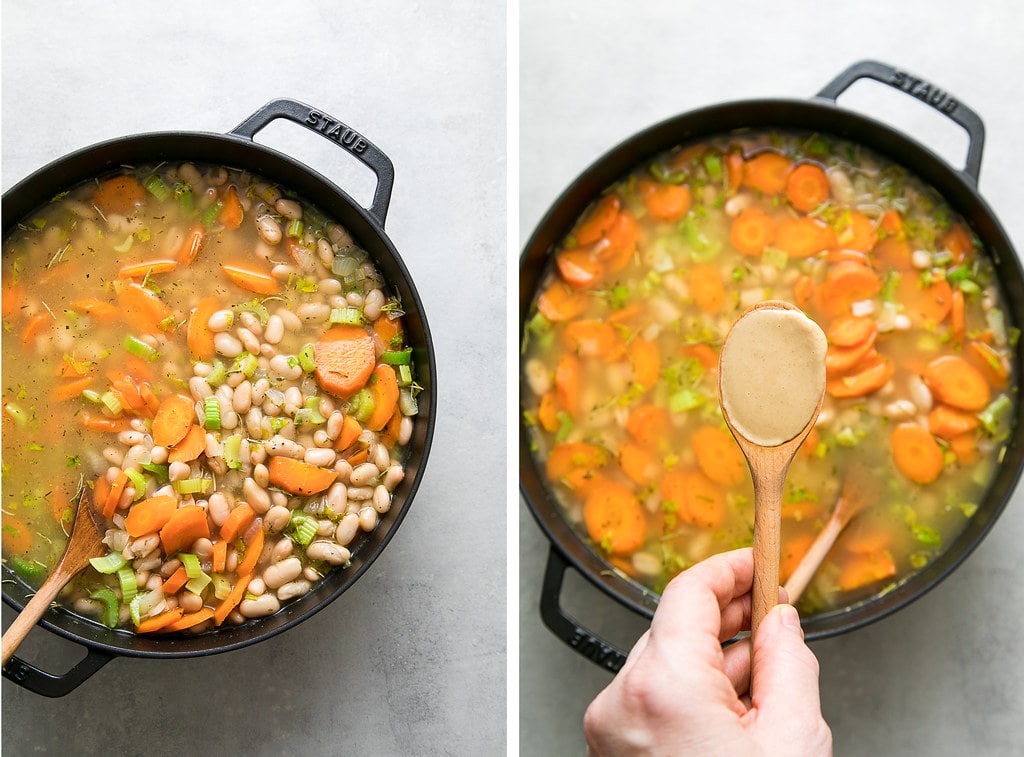 side by side photos showing adding creamy tahini to white bean soup.