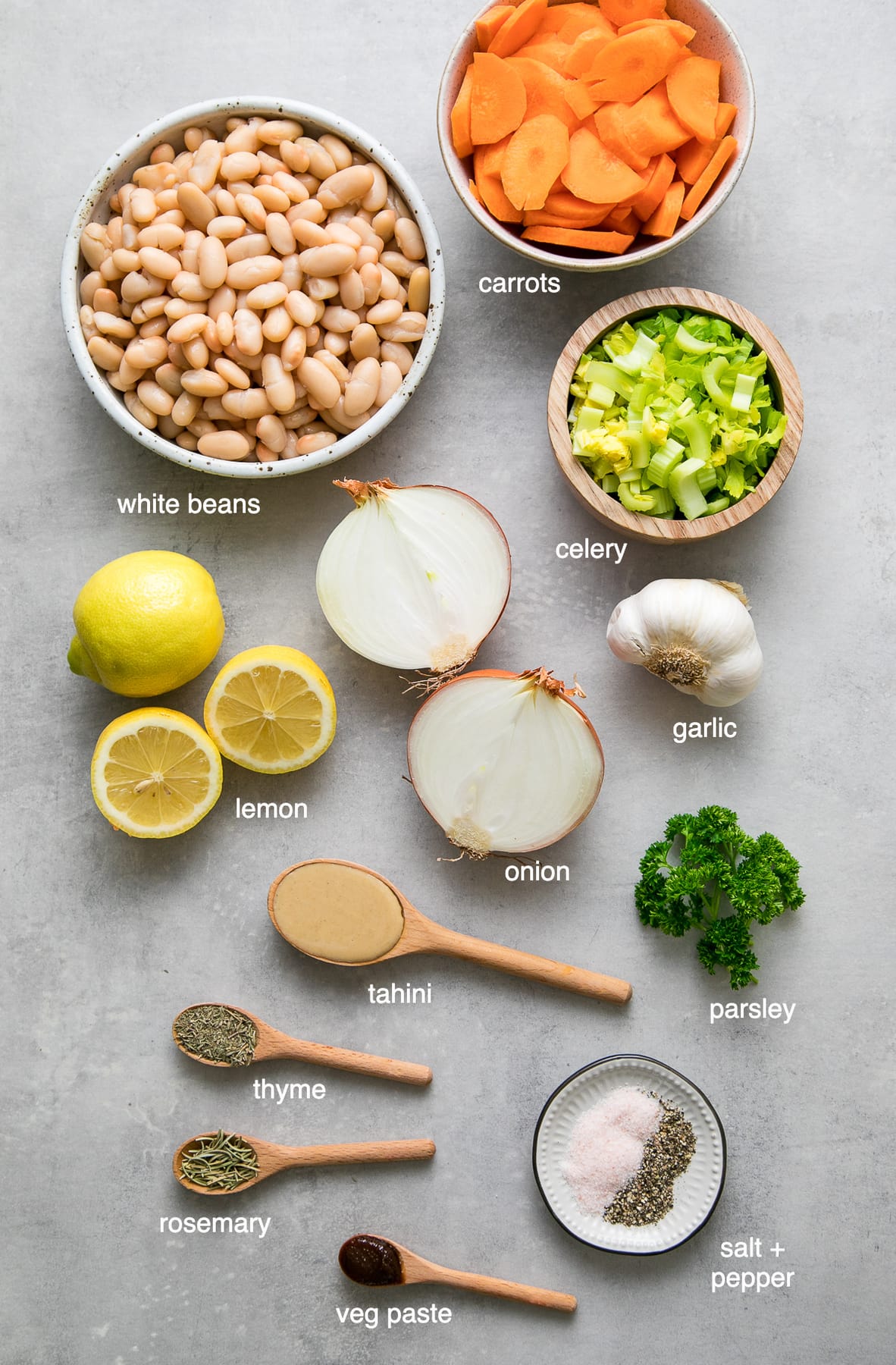 top down view of ingredients used to make healthy lemony white bean soup.