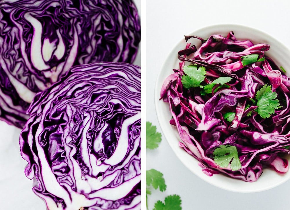 side by side photo of red cabbage sliced in half, and red cabbage slaw in a white small white bowl
