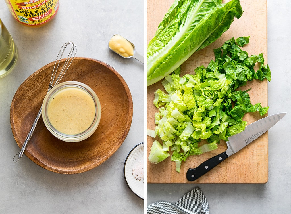side by side photos showing the process of making vinaigrette and chopping romaine.