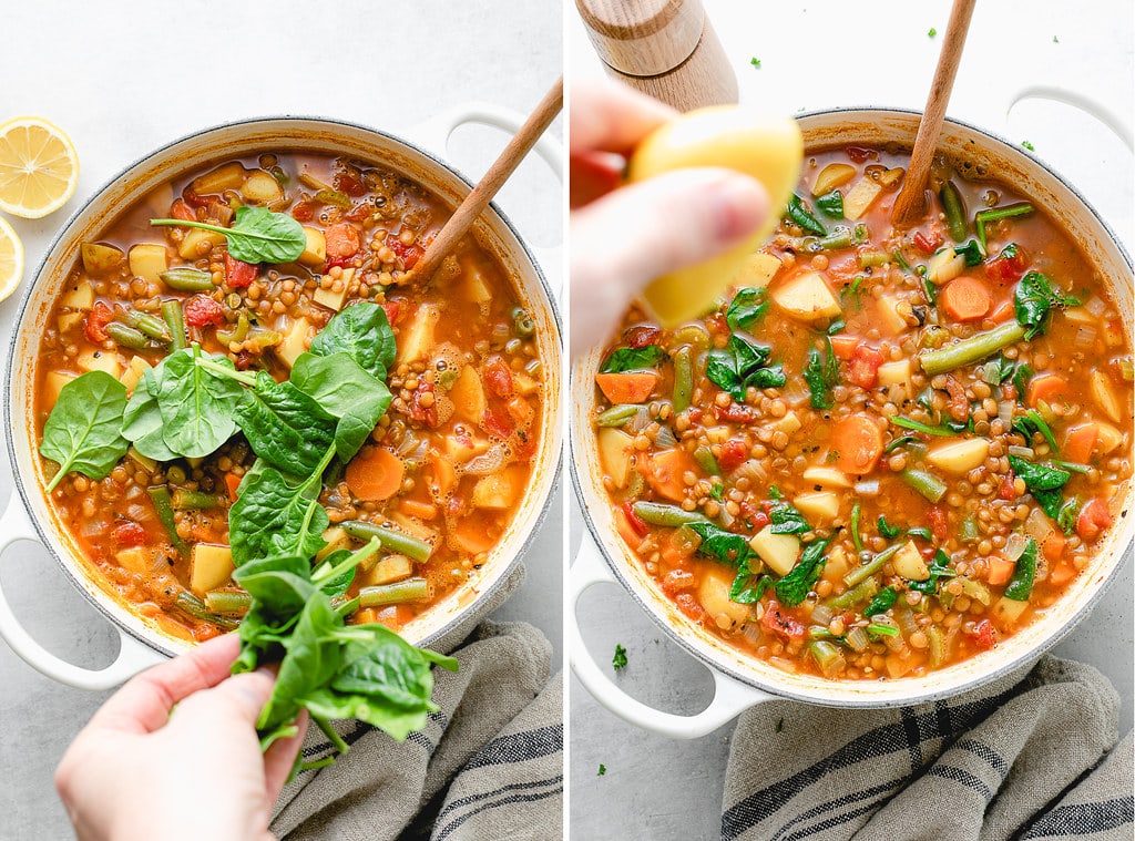 side by side photos showing the process of adding spinach and lemon to vegan lentil soup.