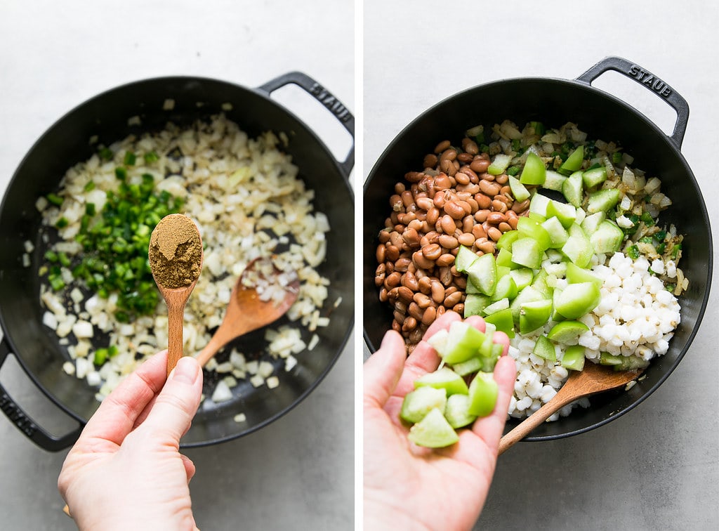 side by side photos showing the process of making posole verde.