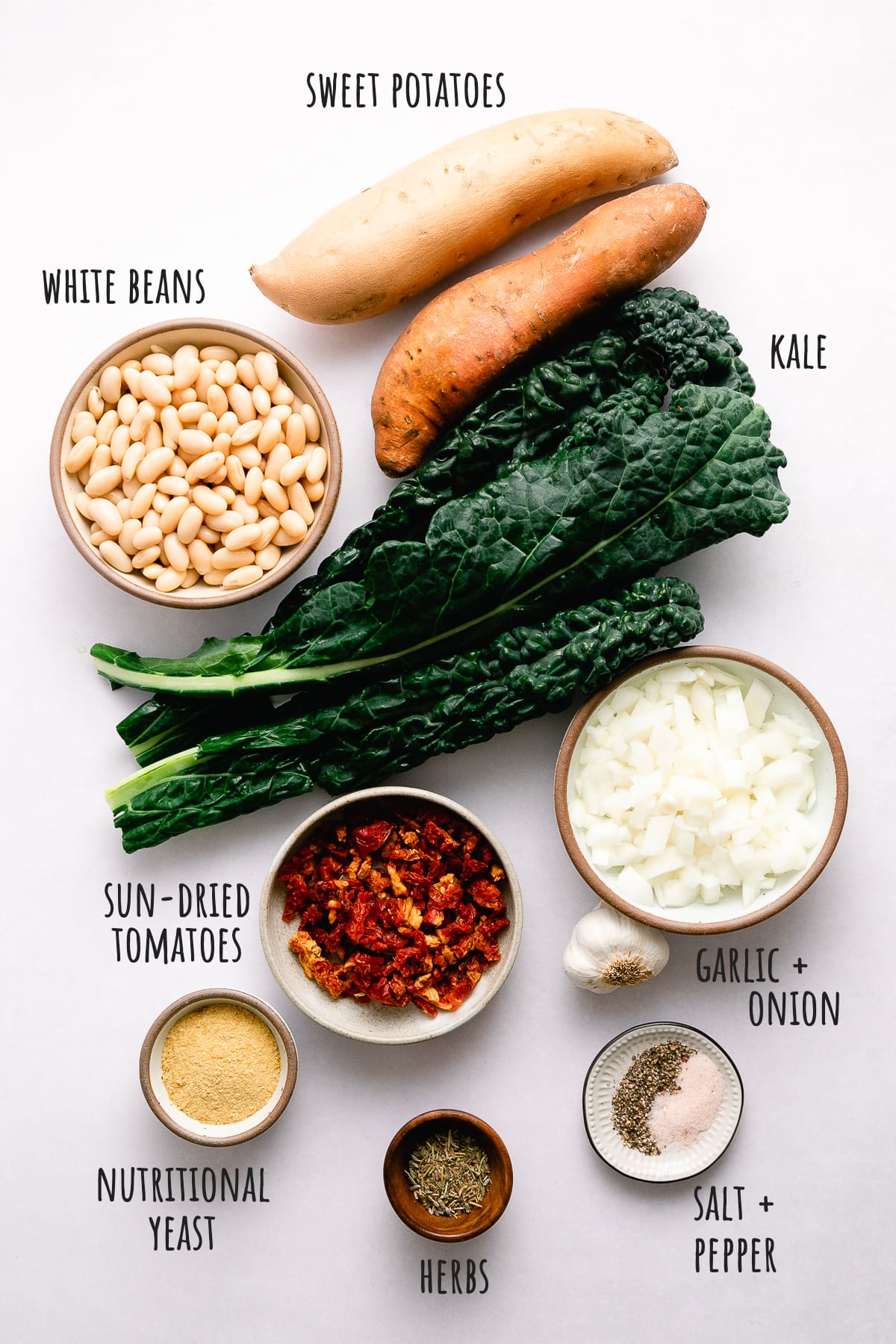 top down view of ingredients used to make sweet potato kale soup.