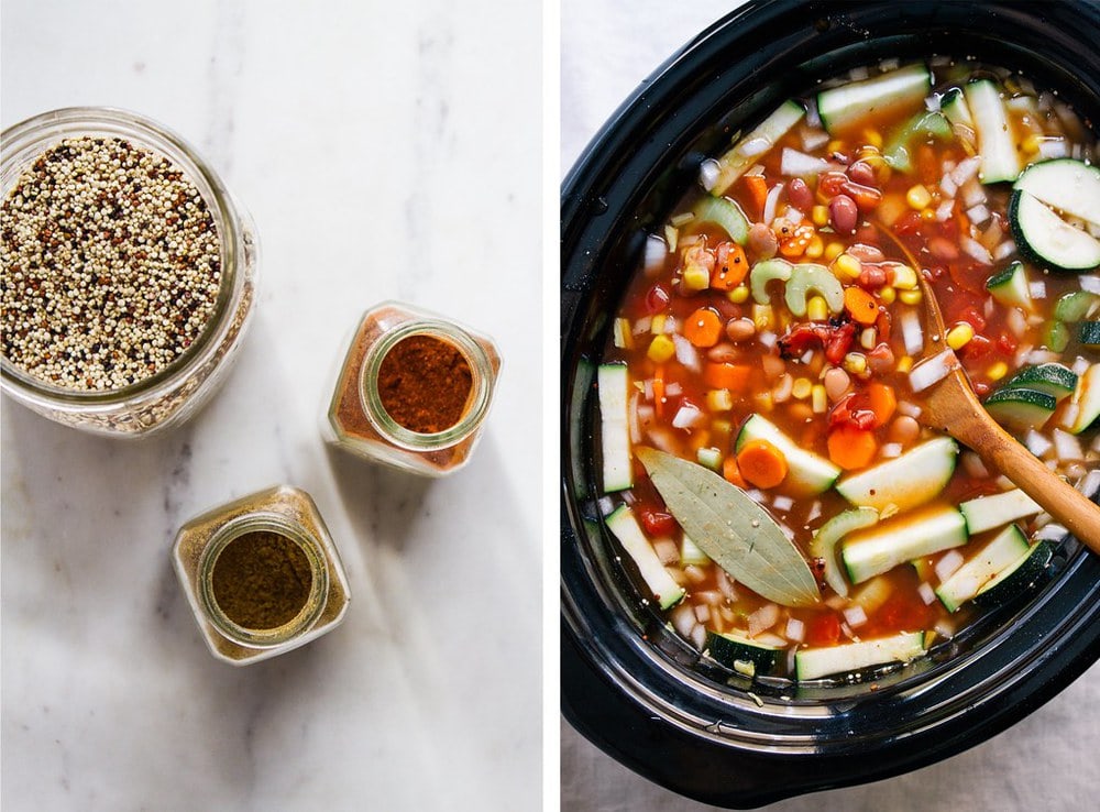 side by side picture of quinoa and spices in jars, and quinoa vegetable soup on crockpot before cooking.