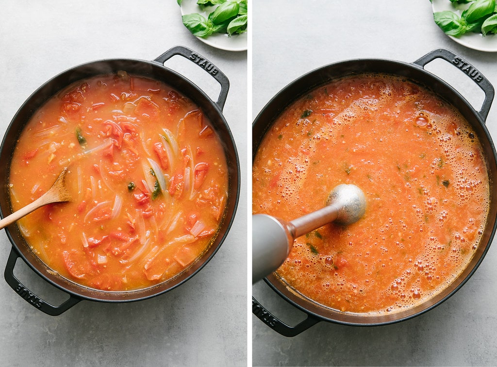 side by side photos showing the process of pureeing tomato basil soup in a pot with stick blender.
