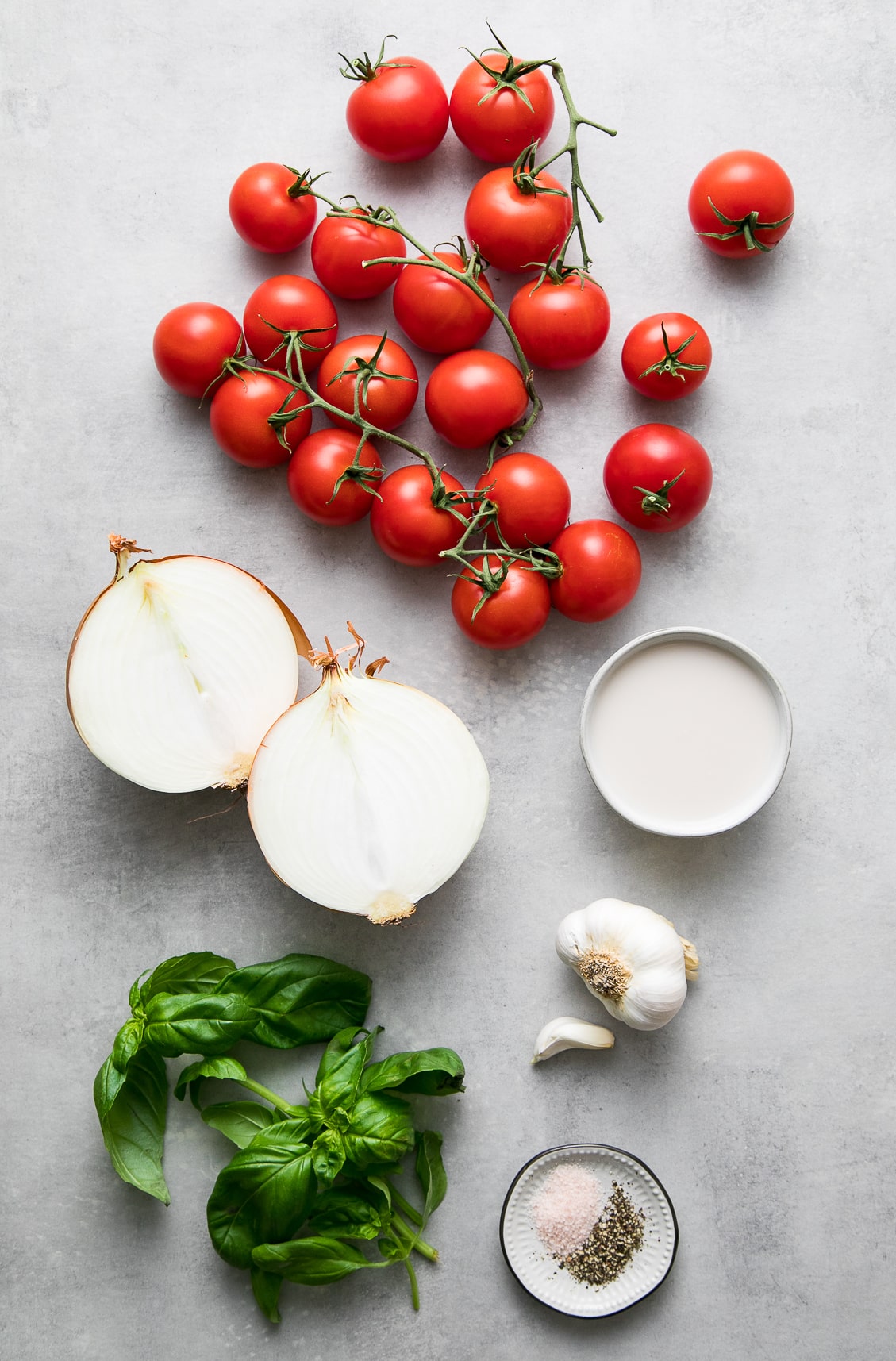 top down view of ingredients used to make easy tomato basil soup recipe.